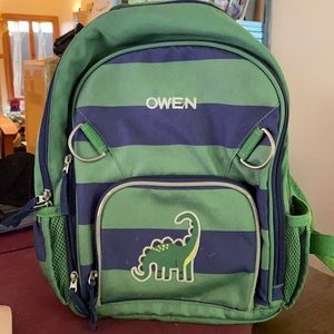 POTTERY BARN Striped Navy/Green Dinosaur Backpack